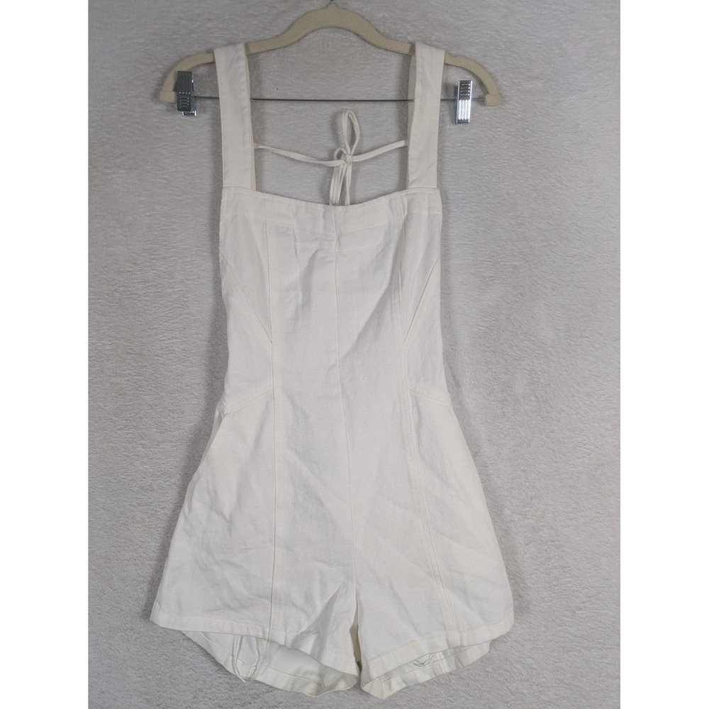 NEW 12th Tribe Romper Women's M White Denim Square Neck Tie Back Sleeveless
